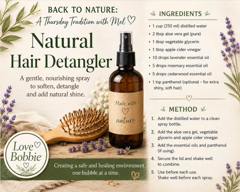 Love Bobbie natural hair detangler recipe with spray bottle, hairbrush and lavender
