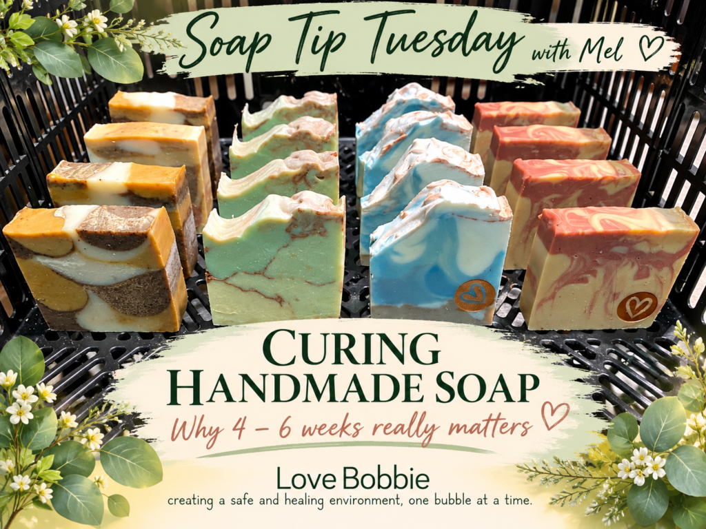 Love Bobbie handmade soap curing in a ventilated basket for 4–6 weeks
